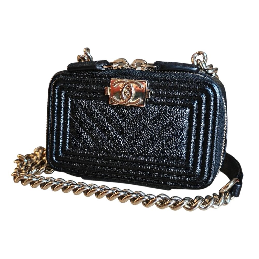 CHANEL Boy Micro Black Leather Caviar Chevron Quilted Chain Shoulder Bag Box CC
